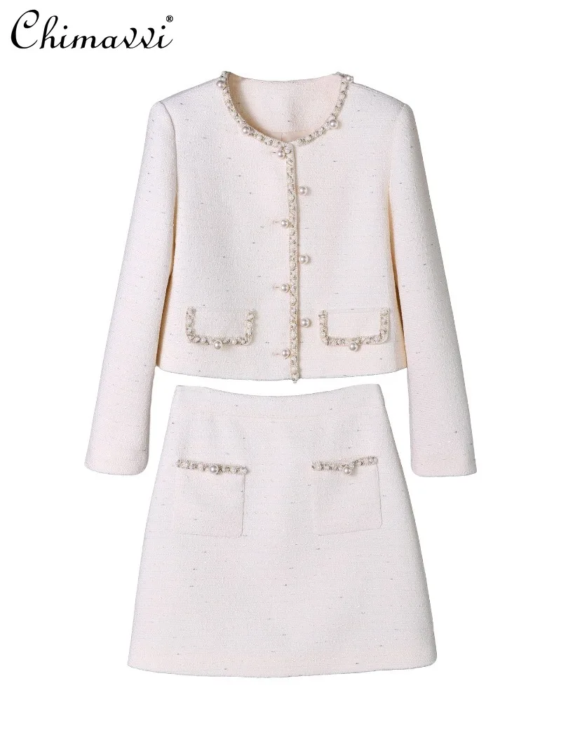 

High-End Handmade Beaded White Skirt Set Women Autumn New Fashion Long Sleeve Short Jacket Skirt OL Elegant Two-Piece Set
