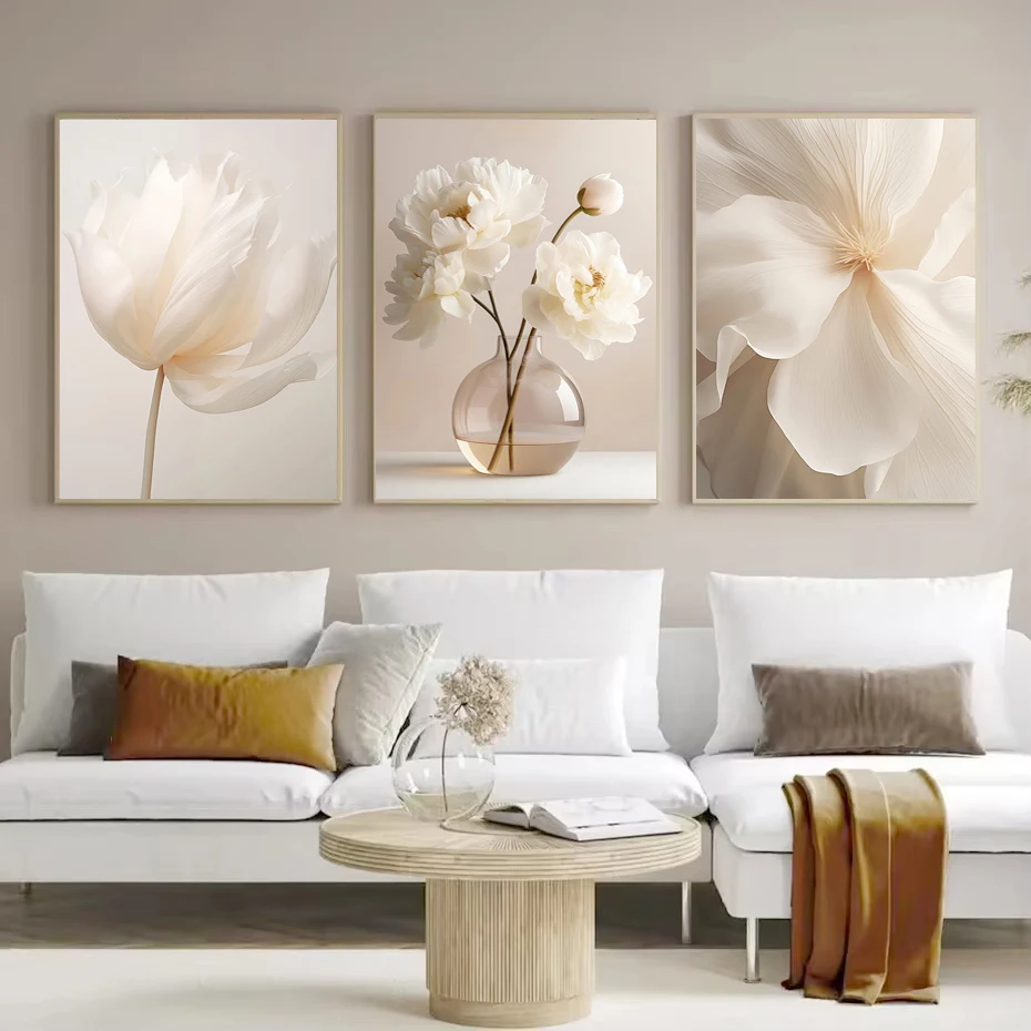 Scandinavian Beige Peony Flower Art Poster Modern Flower Botanical Wall Decor Beautiful Art Canvas Print Home Bedroom Decor
