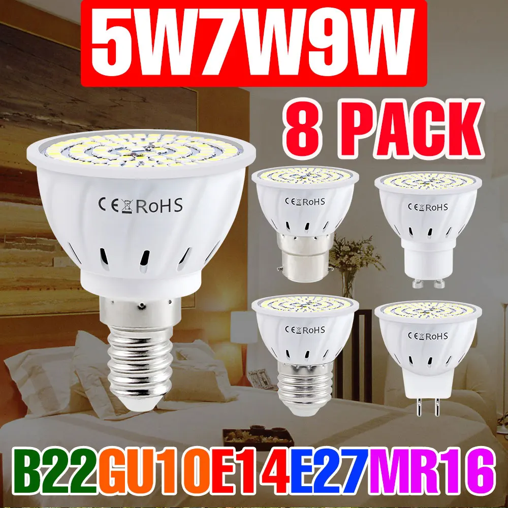 

8 Pack LED Bulb E27/E26 Spotlight GU10 Ceiling Lamp MR16 Chandelier Bulb E14 AC220V B22 5W 7W 9W Cold/Warm White Indoor Lighting