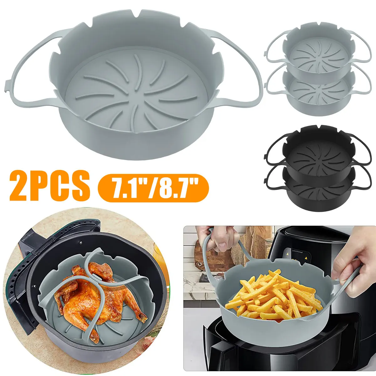 

2Pcs Air Fryer Silicone Basket Silicone Mold Airfryer Oven Baking Tray Pizza Fried Chicken Basket Reusable Pan Liner Accessories