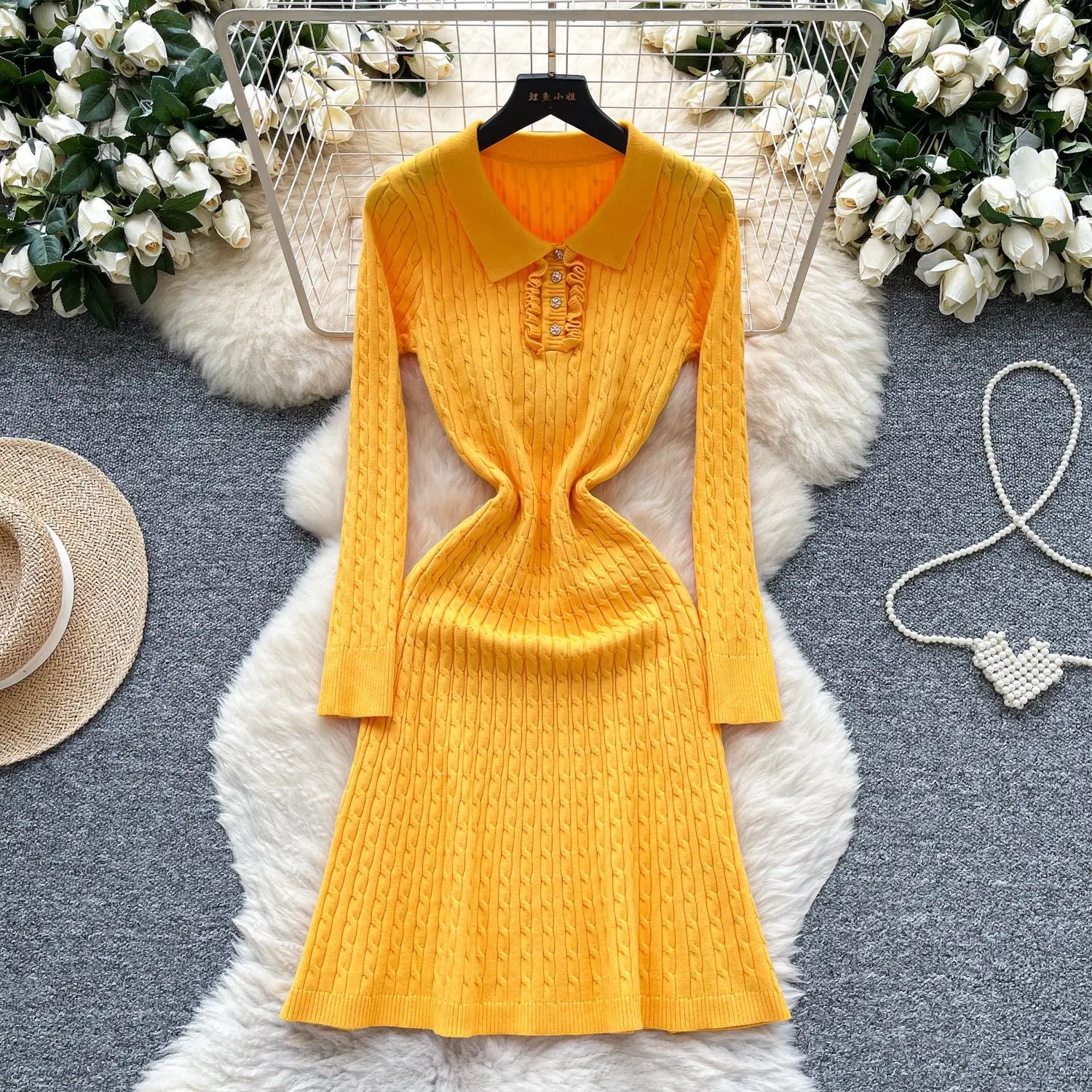 

Mid Length Dress Women Dresses Knit Vestidos Streetwear Turn Down Collar Full Sleeve Elegant Splice Y2k Tight Waist Slim Fit
