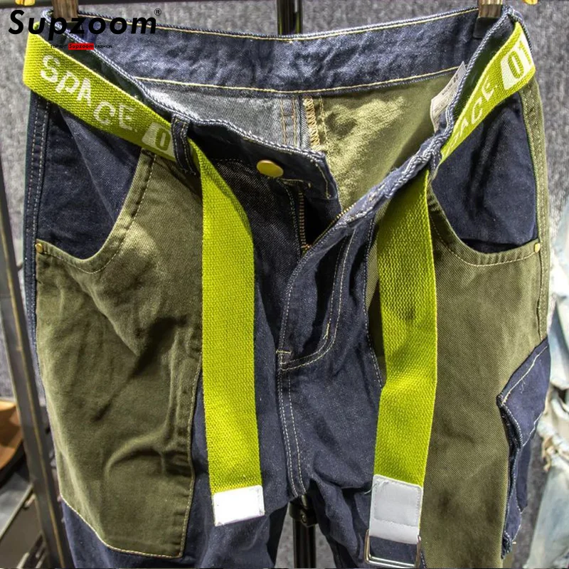Supzoom Barang Baru Diskon Besar Mode Atasan Musim Gugur Ritsleting Terbang Stonewashed Kasual Patchwork Kargo Denim Kantong Celana Jeans Katun Pria