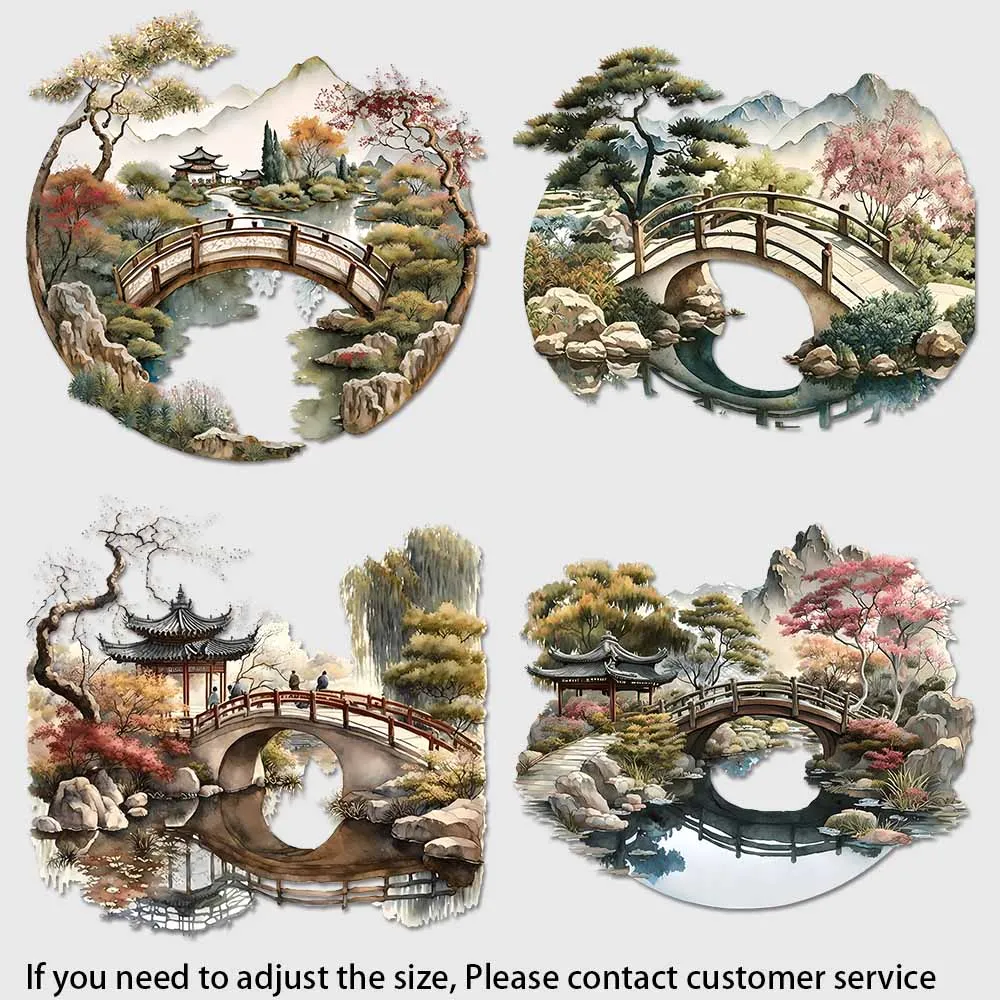 Vintage Chinese Watercolor Heat Transfer Decals, Pine Tree Arch Bridge Print, Anti Peel For Canvas Bag DIY