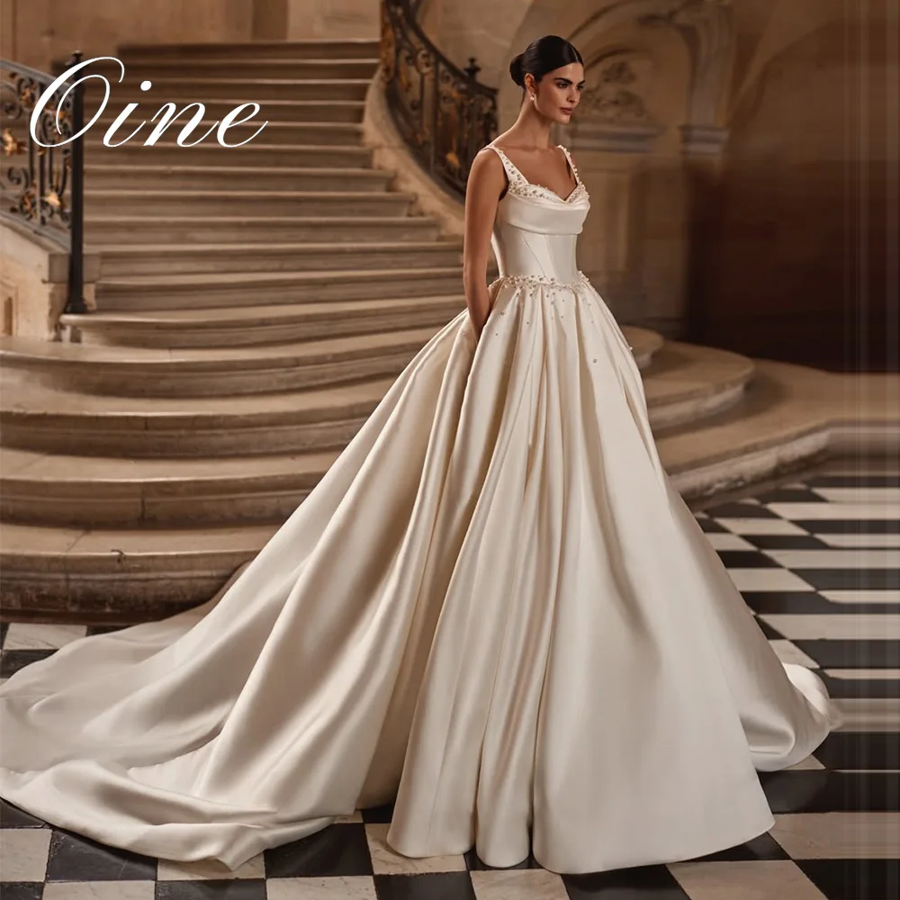Oine Elegant Ball Gown Wedding Dress Shiny Pearl Spaghetti Strap Zipper Bridal Gown Cathedral Train Vestido De Noiva Customized