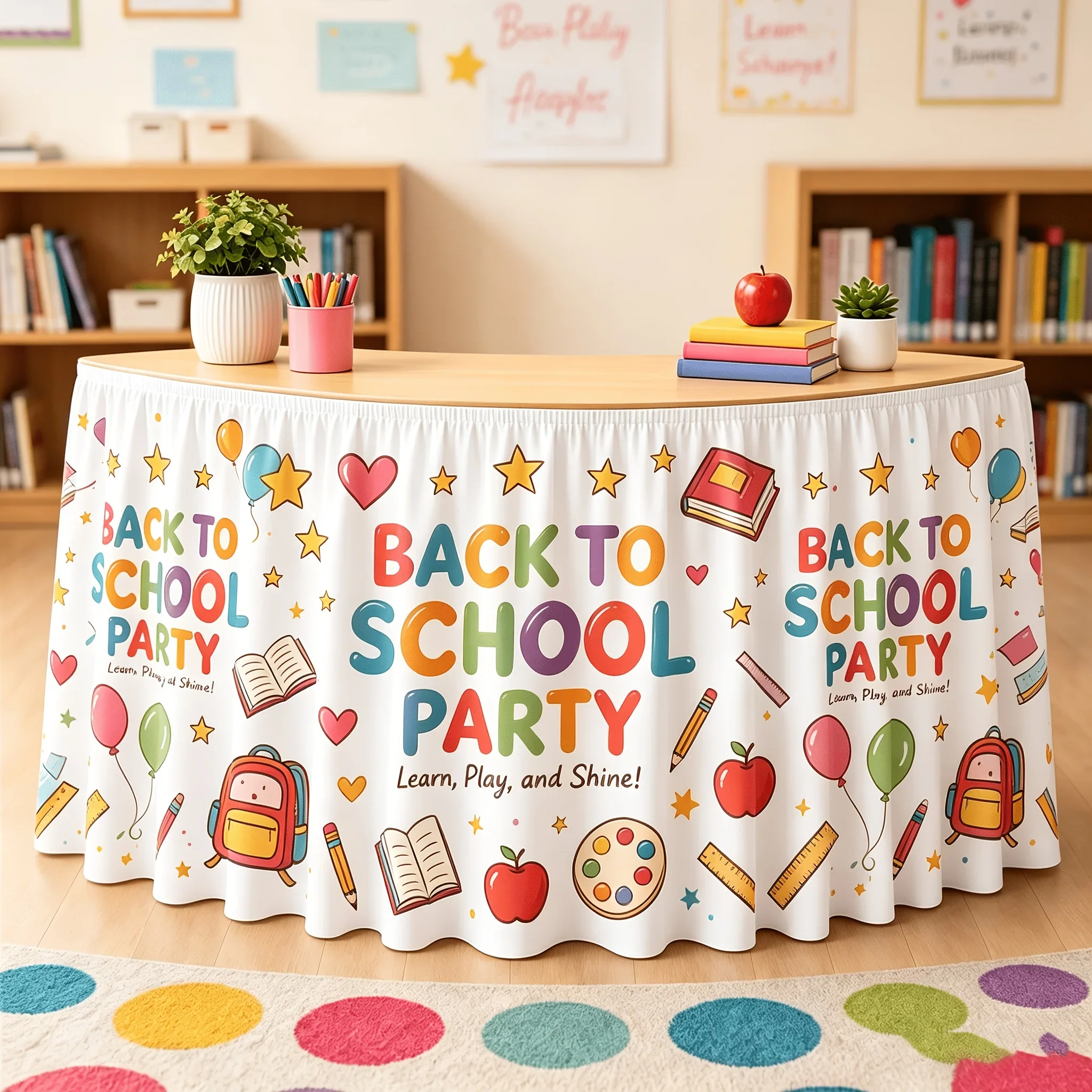 Homecoming party table skirts, cartoon classroom decoration sets with printed designs, kindergarten campus party decorations