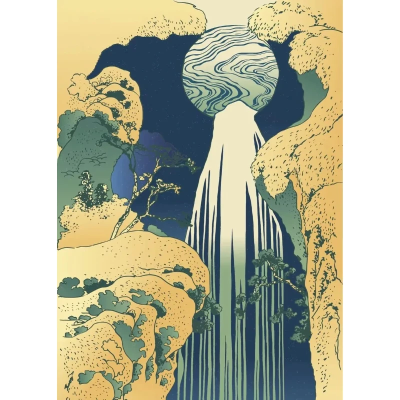 2026 Hokusai Ukiyo-e Blue Green Japanese Waterfall Asian Landscape Poster Canvas Printing Vintage Wall Art Picture Home Room Dec