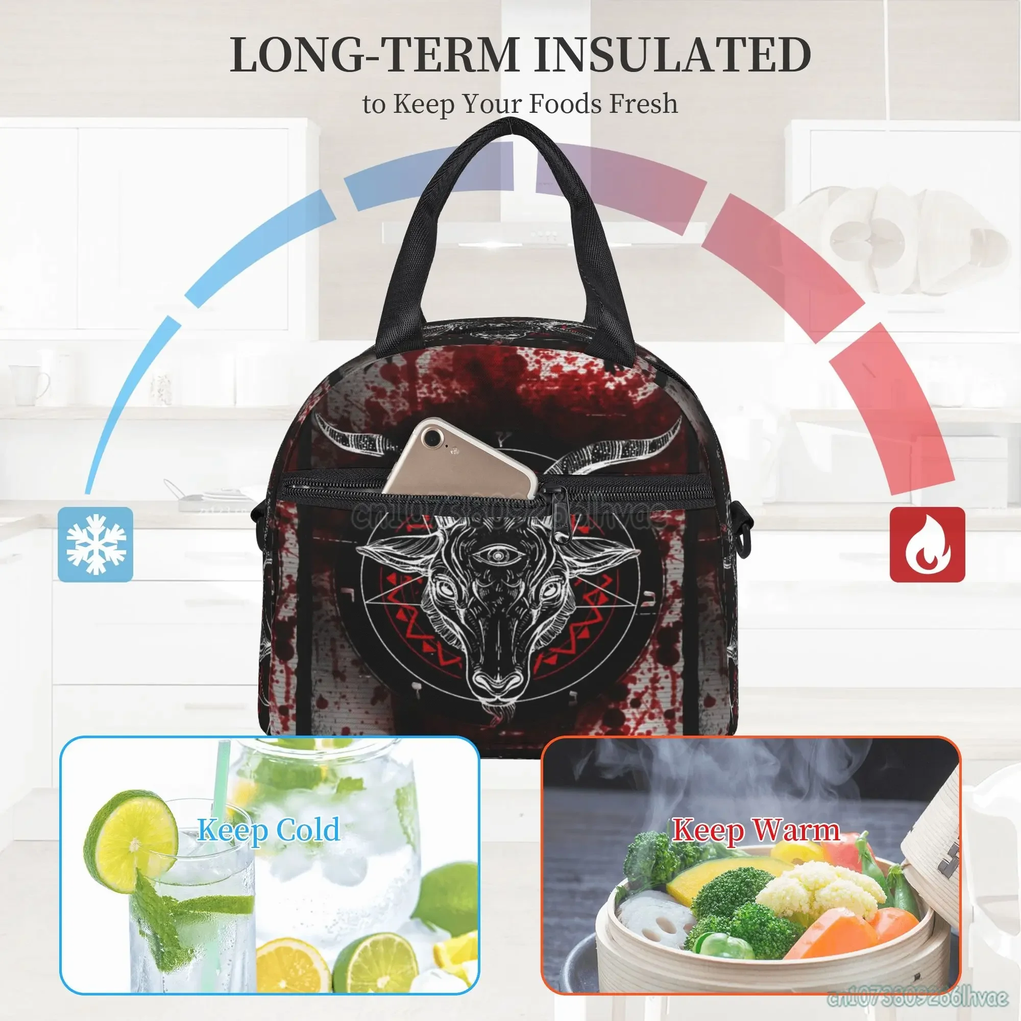 Pentagram With Demon Baphomet Satanic Goat Head Insulated Lunch Bag Portable Bento Fruits Fresh Storage Pouch Thermal Tote Bags