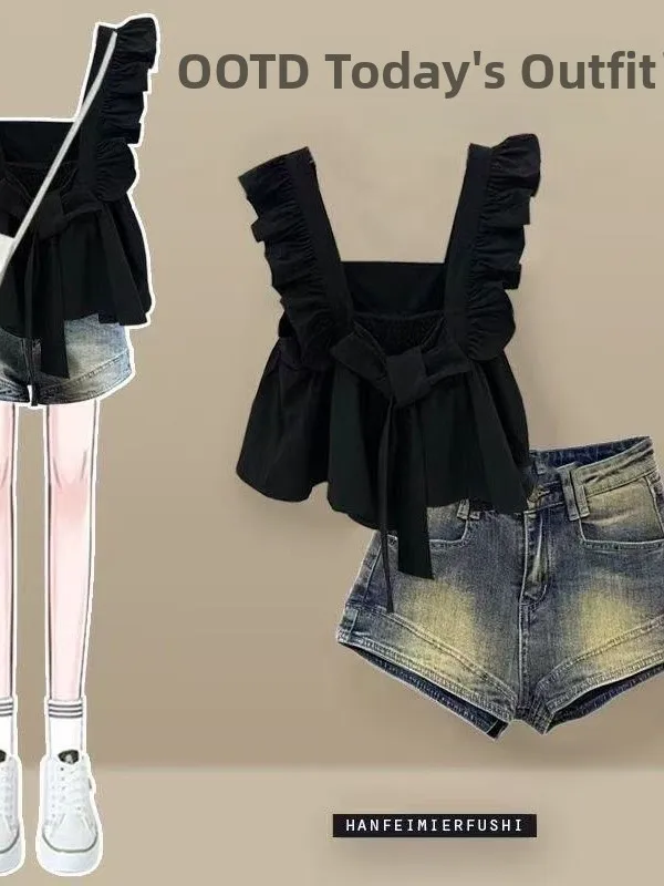 

Лето 2025 г. Новый комплект Sle для девочек-подростков Pure Desire Spicy Fly Sve Топ Джинсы с высокой талией Комплект из двух предметов ort Sve round Ne