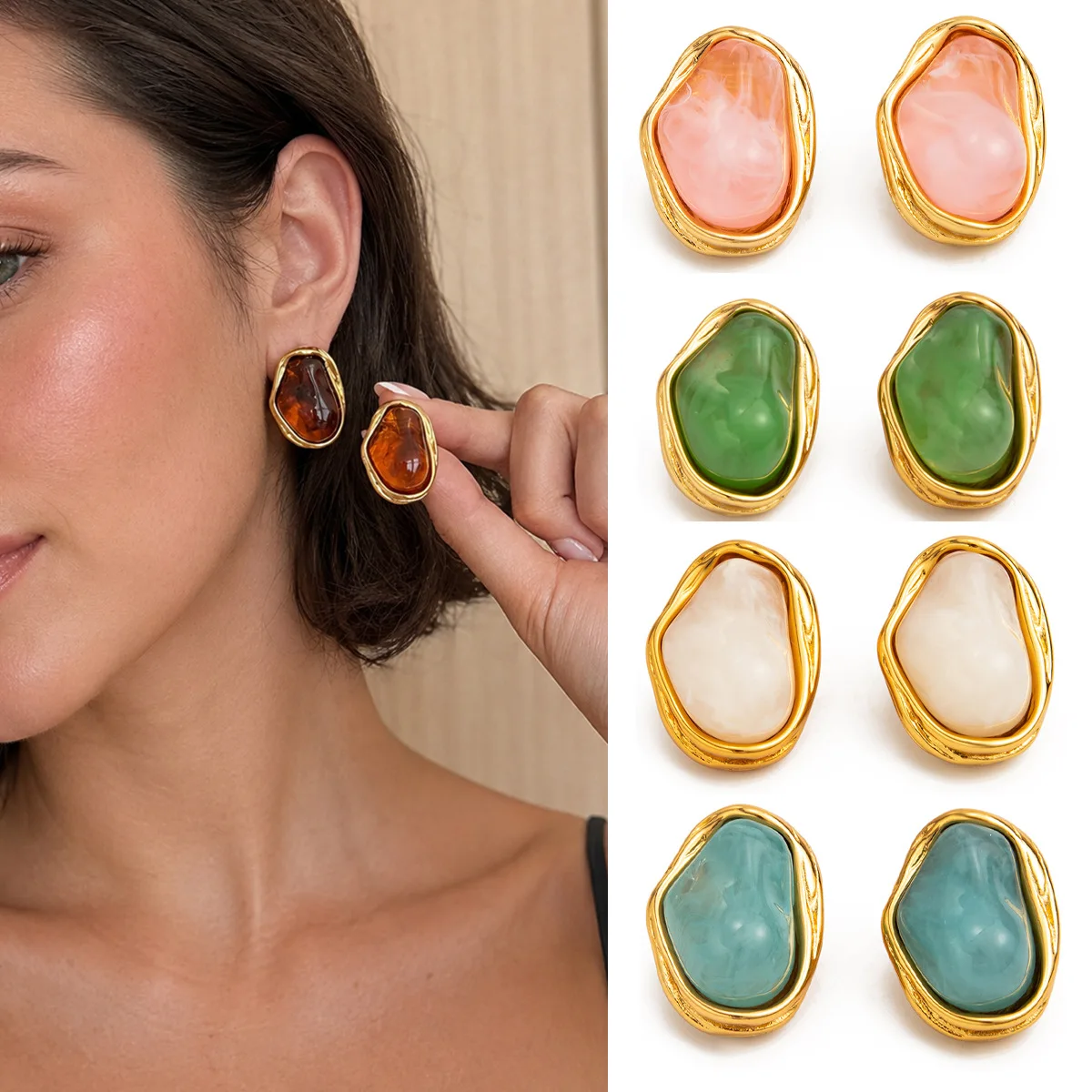 Irregular Baroque Stainless Steel Earrings Colorful Ombre Pleated Rim for Women Daily Wear Versatile Lightweight Rose Gold
