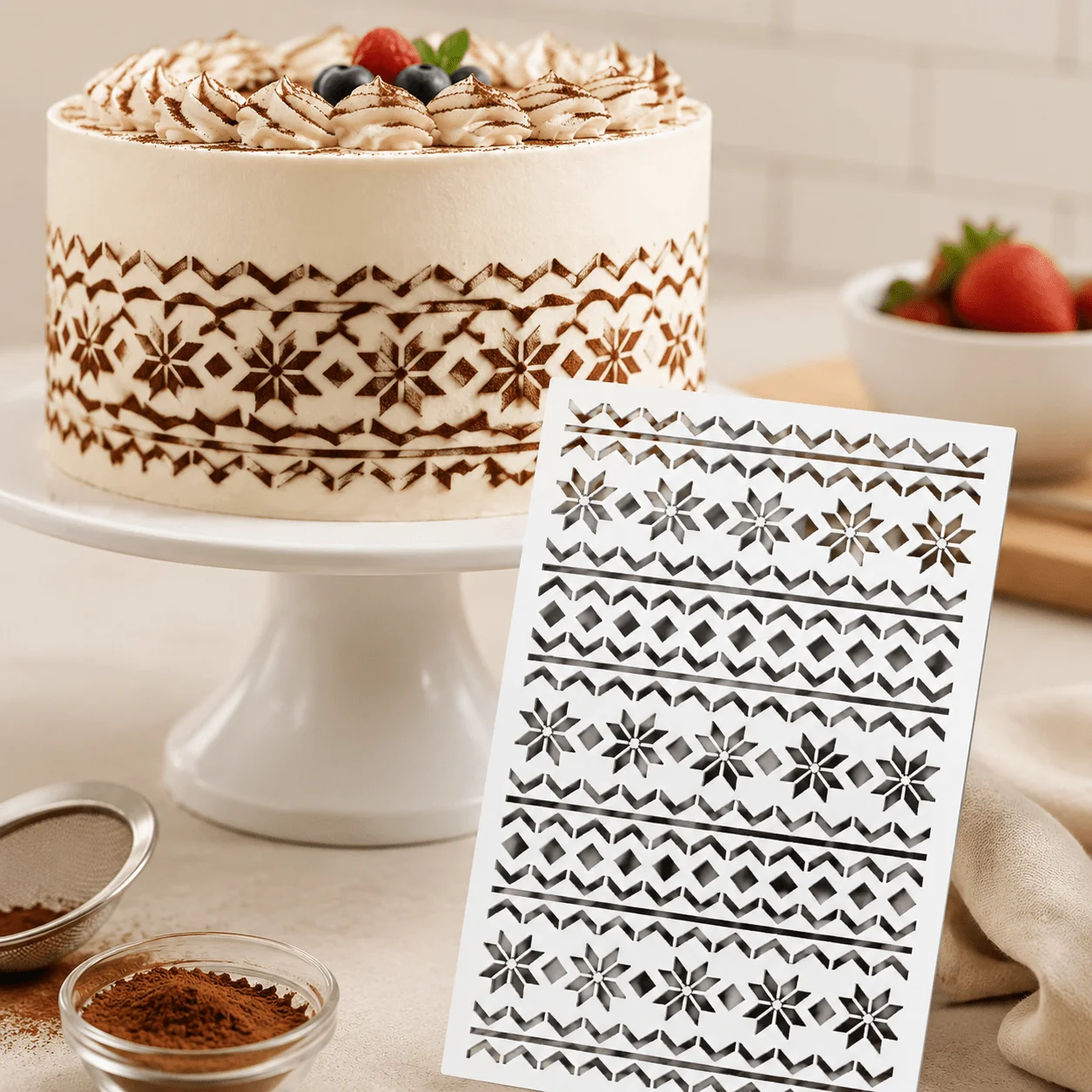 Winter Sweater Snowflake Cake Side Stencil,Hollow‑Out Template, Xmas Geometric Baking Decor for Fondant, Cookies & Cocoa Powder