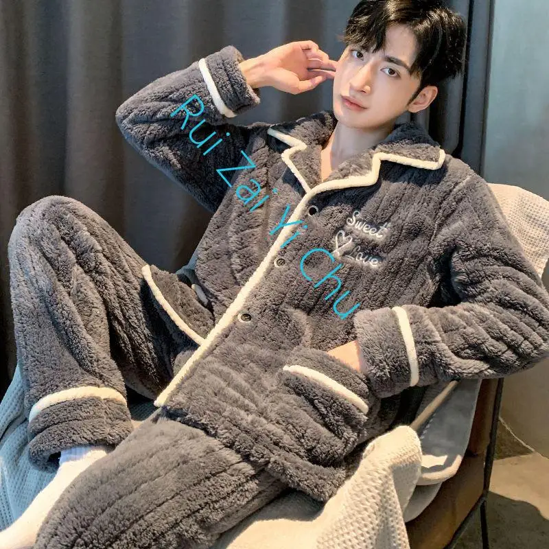 Menpyjama Warm Winter Sleepwear Thickened Embroidery Pajama Set Flannel Autumn Nightwear Soft Long Sleeve Long Pants Oversized