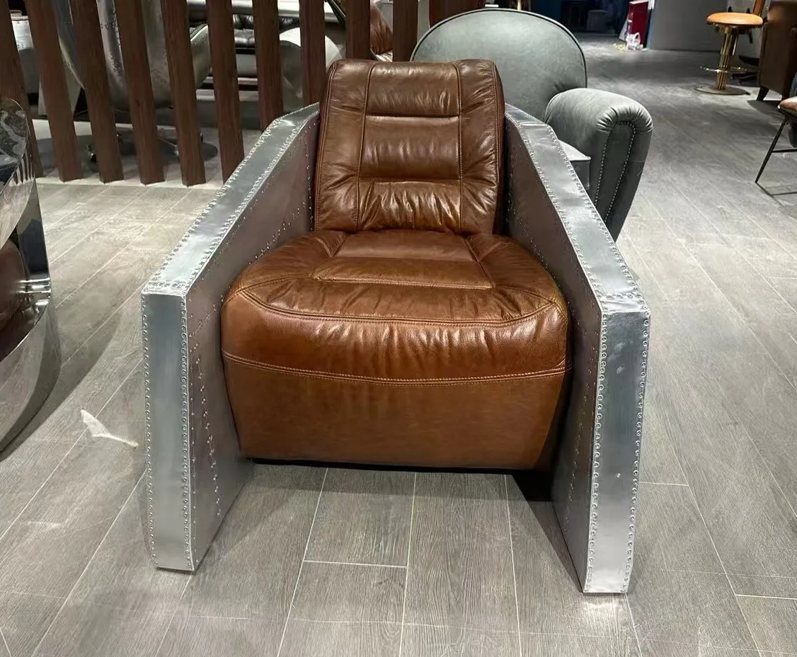 Aviator Retro Industrial Luxury Chaise Lounge Chair with Real Leather Vintage Design for Living Room & Bedroom Home Furniture