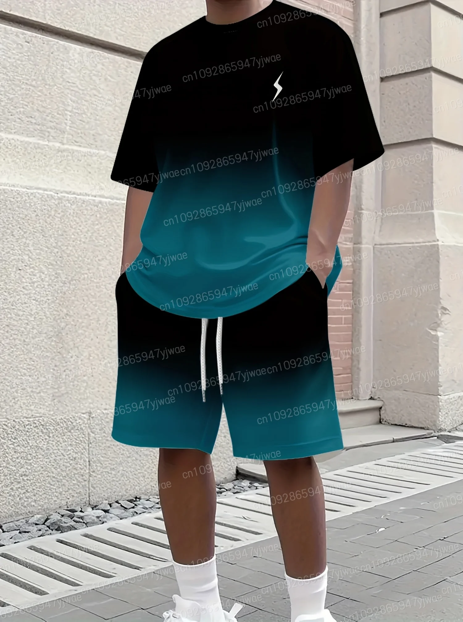 Summer Men Gradient lightning Men's 2 Pieces Set Adult Sportswear Fitness Set Men's Tracksuit 2 Pieces Set Oversized Clothes