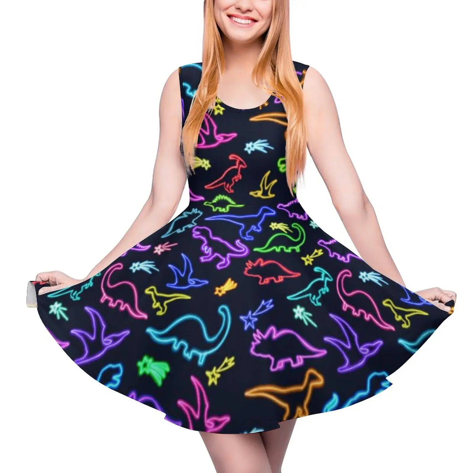 

Neon Dinosaurs Dress Rainbow Dinosaur Cartoon Print Elegant Dresses Sleeveless Aesthetic Big Size Skate Dress Design Vestidos