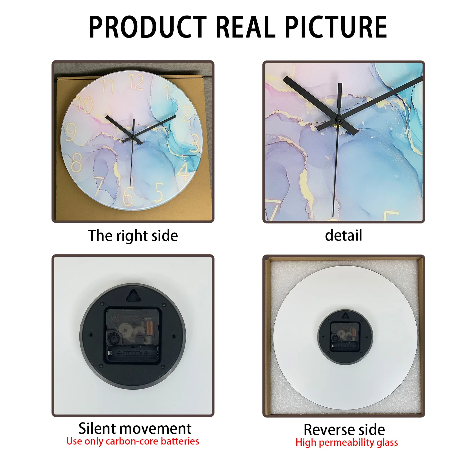 Modern Fashion Marble Texture Pattern 4mm Thickeneded Tempered Glass Wall Clock Living Room Bedroom Kitchen Home Decoration Wall Clock Silent Quartz