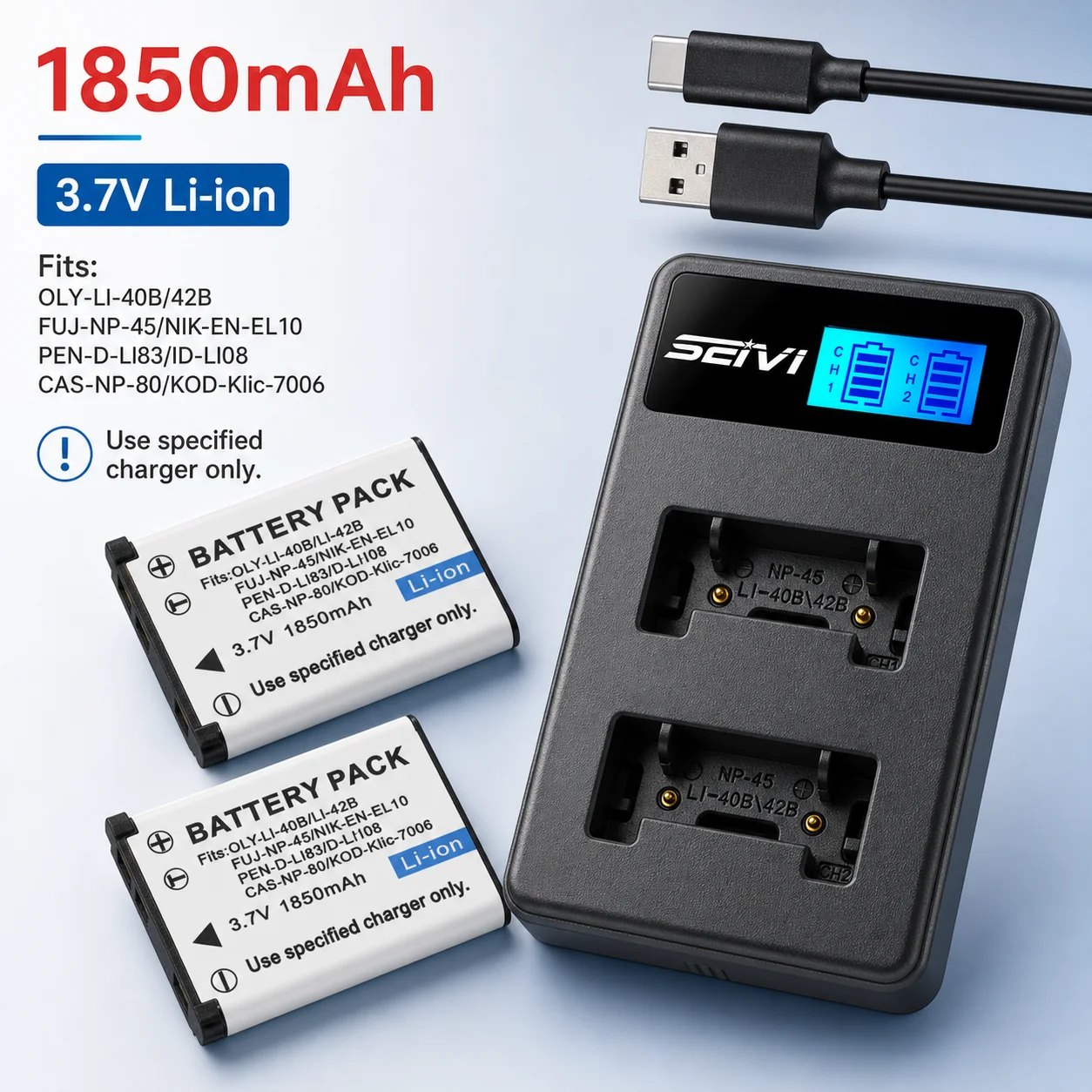 LED Dual Slot Charger with Li-40B Li-42B EN-EL10 1850mAh Battery for Olympus Nikon FinePix XP70 XP60 XP50 T550
