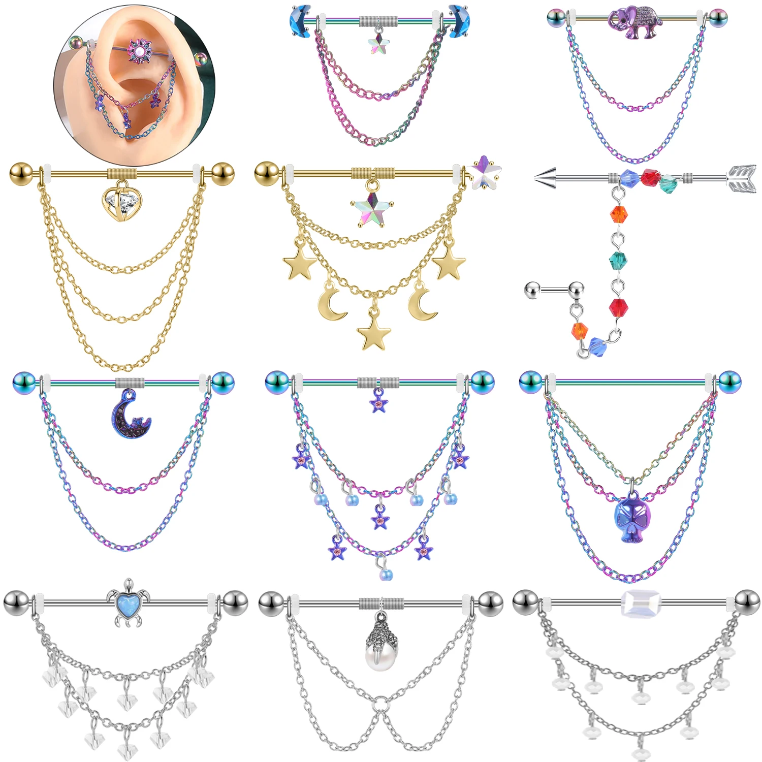 

ZS 1PC 14G Industrial Barbell Chain for Women Stainless Steel Earring 38MM Gold Plated Tassel Ear Helix Tragus Piercings Jewelry