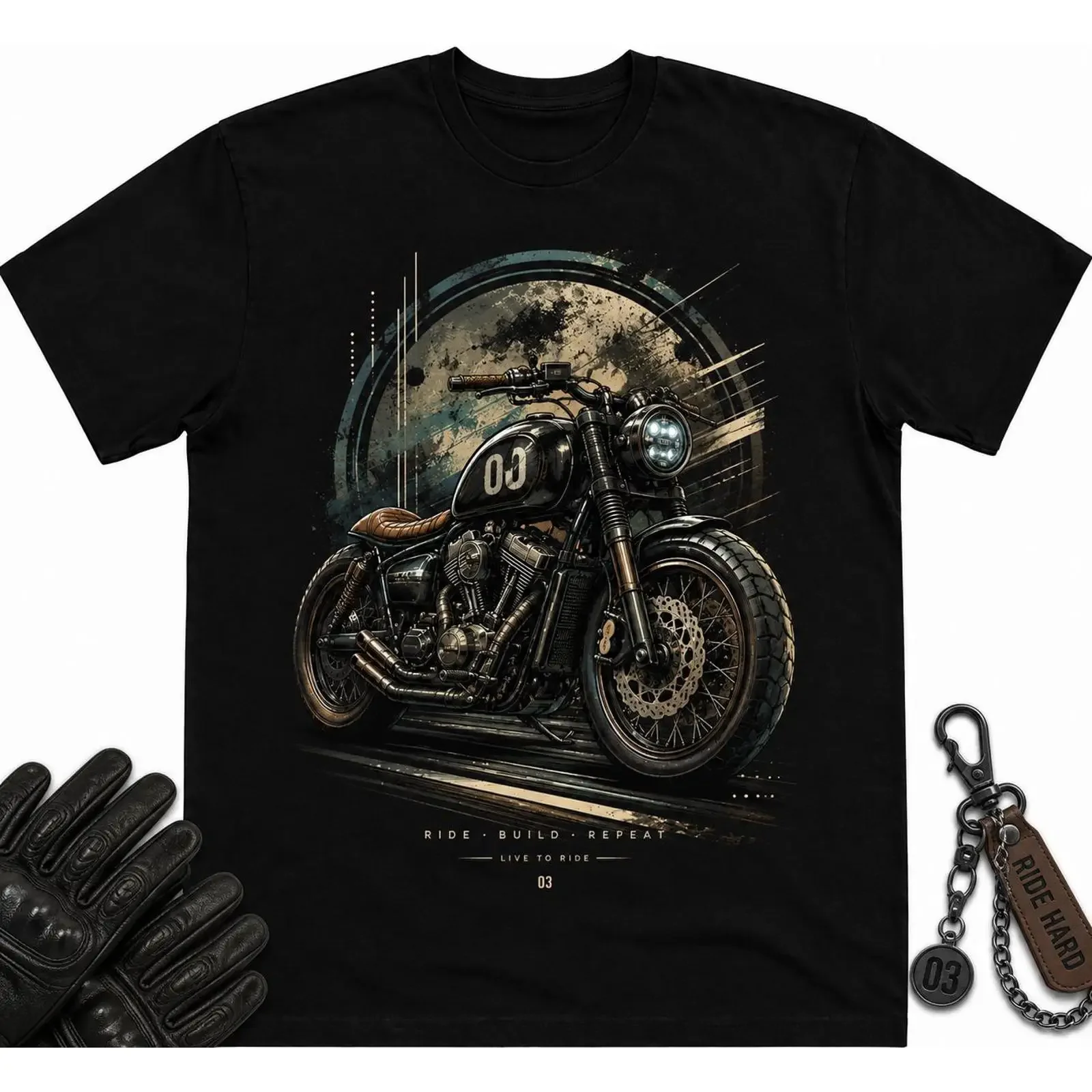 Midnight Rebel Café Racer T-Shirt im Vintage-Stil, gewaschen, dehnbar, Unisex-Designerkleidung, stilvoll, bequem, atmungsaktiv, mit Grafik