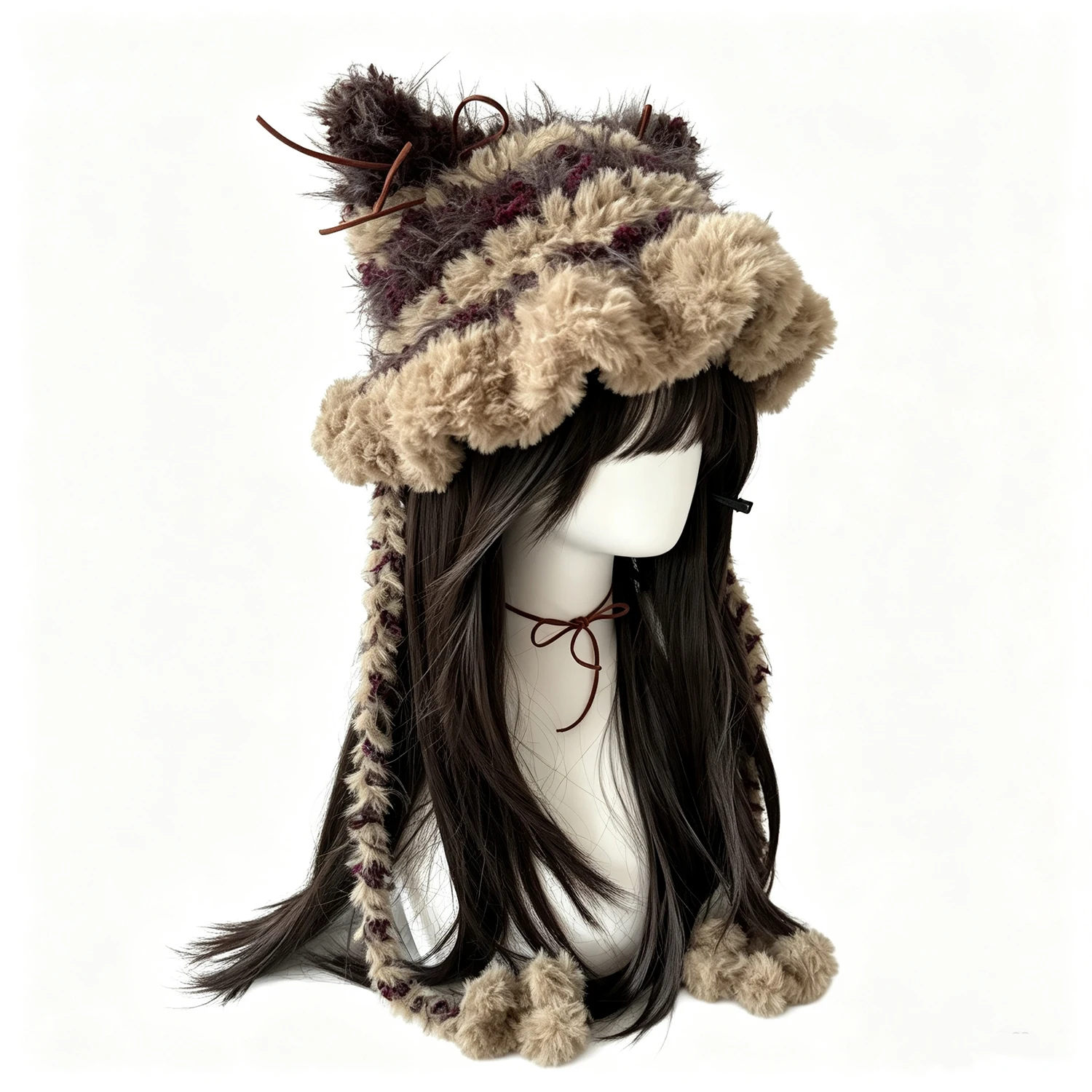 Handmade Crochet Kahaki Cat Ear Hat Women Fluffy Plush Soft Paw Ruffle Knit Beanie Girls Kawaii Casual Lolita Winter Warm Cap