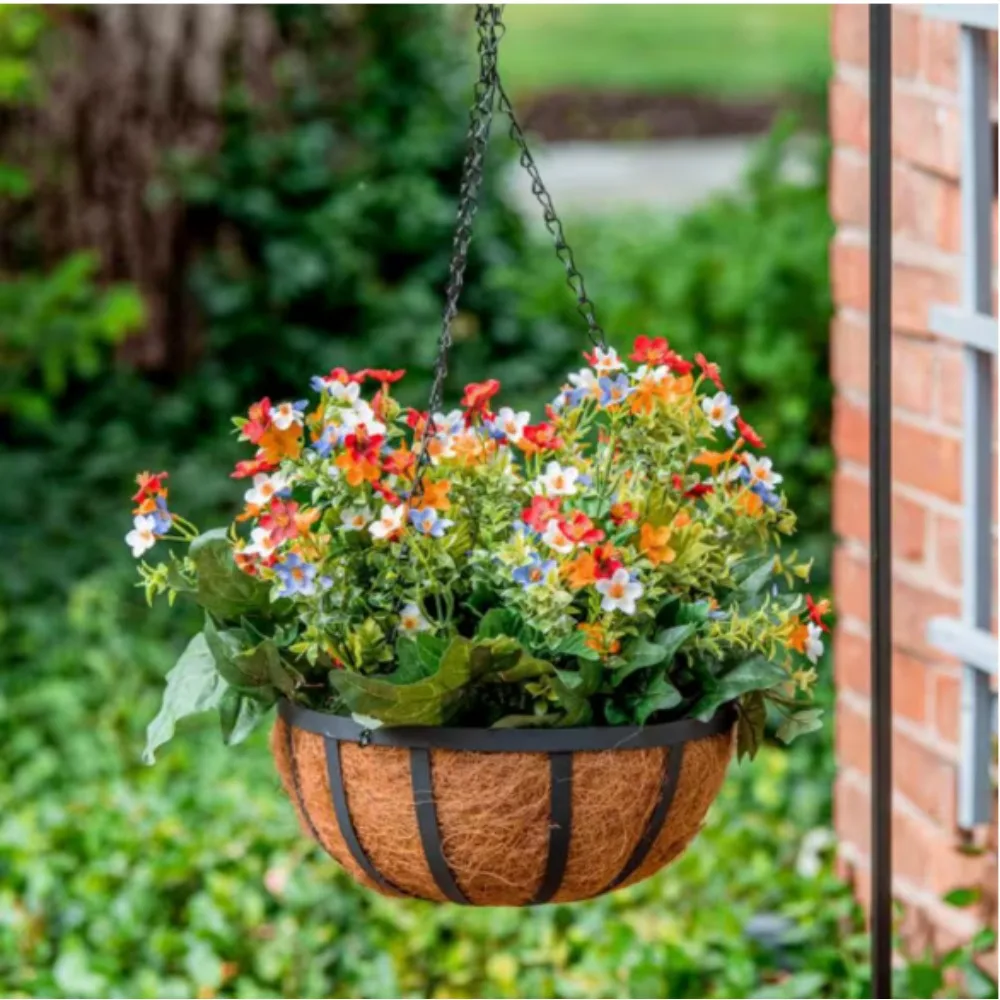 

Black Metal English Hanging Basket with Coco Liner,Perfect for hanging on shepherds hooks and many styles of deck hooks