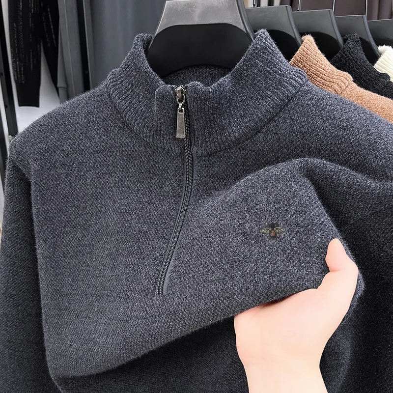 

Luxury Brand Men's Bee Print Half Zipper Knitted Sweater Winter Hot Sales Pullover Plush Thickened Warm Soft Fashion Men's Wear
