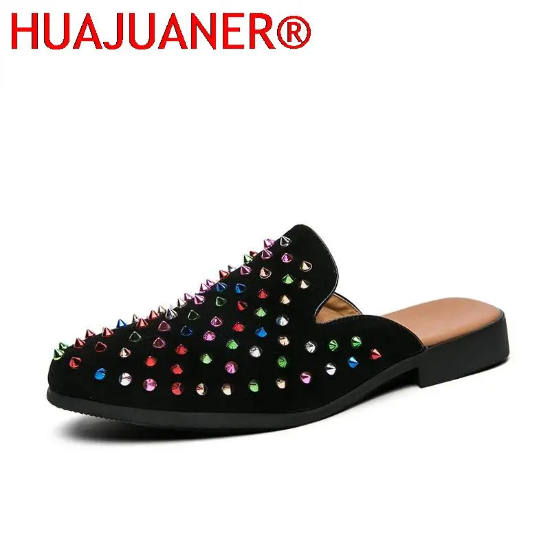 Fashion Spiked Rivets Loafers Mens Casual Shoes Punk Slippers Party Dress Shoes Flat Slip On Half Shoes For Men Big Size 38-47