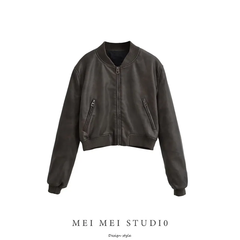 Cappotto da motociclista Cé Brown Jaet Colletto alla coreana da donna 2025 Primavera Nuovo design American Sle Leather Jaet Trendy Streetwear