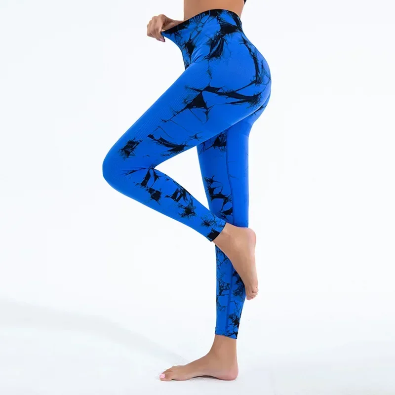 Gym Sports Workout Leggings Push Up Yoga Pants Women Fitness Leggings High Waist Seamless Pants Fashion Tie Dye Knit Slim Pants