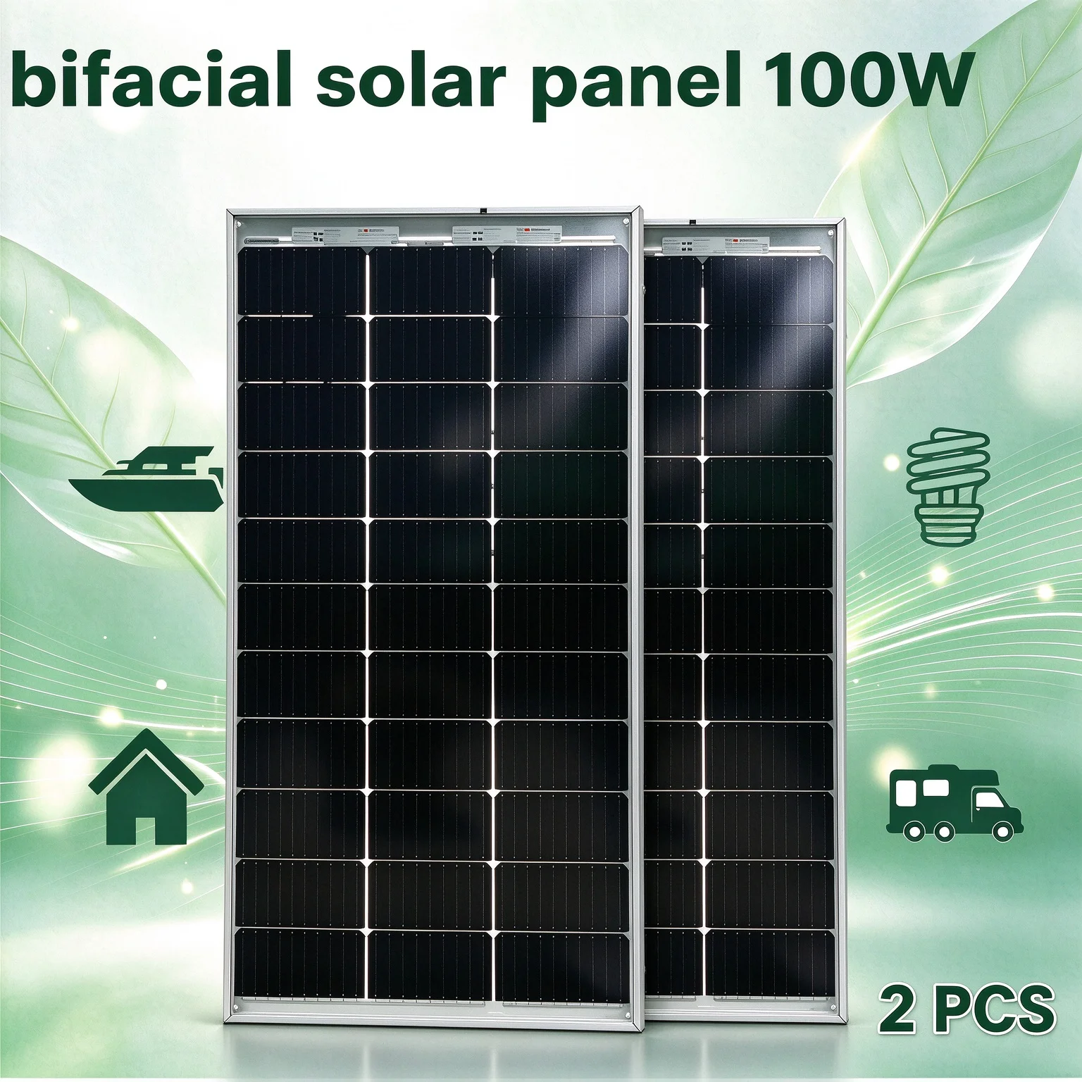 2PCS 100W Bifacial Solar Panel, Double Sided Power Generation Mono PV Module for RV Yacht Home Off-Grid Solar Power System