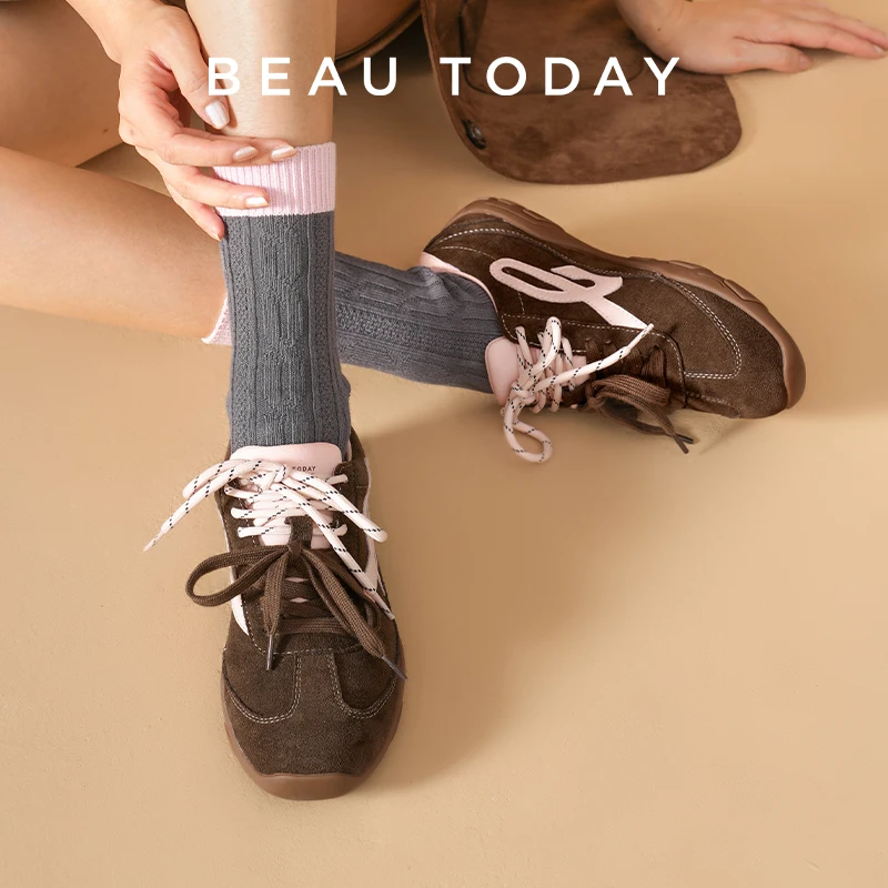BEAUTODAY Casual Sneaker Cow Suede Leather Mixed Color Round Toe Dual-Colored Shoelaces Trainers Ladies Shoes Handmade 29977