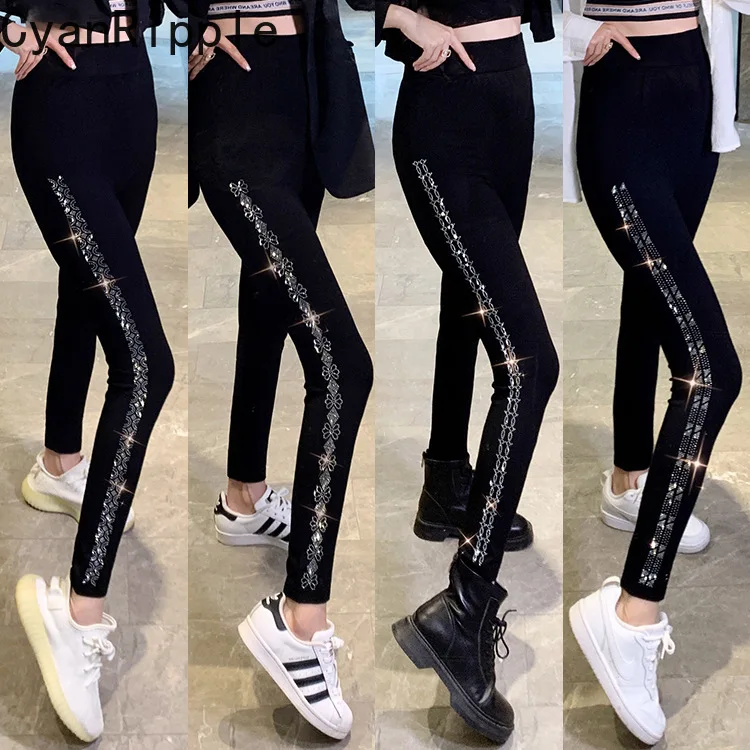 Modal Leggings Women All-match Four Seasons Wear Ankle-length Bottoms Pants High Waist Shiny Hot Diamond Stretch Pencil Leggings