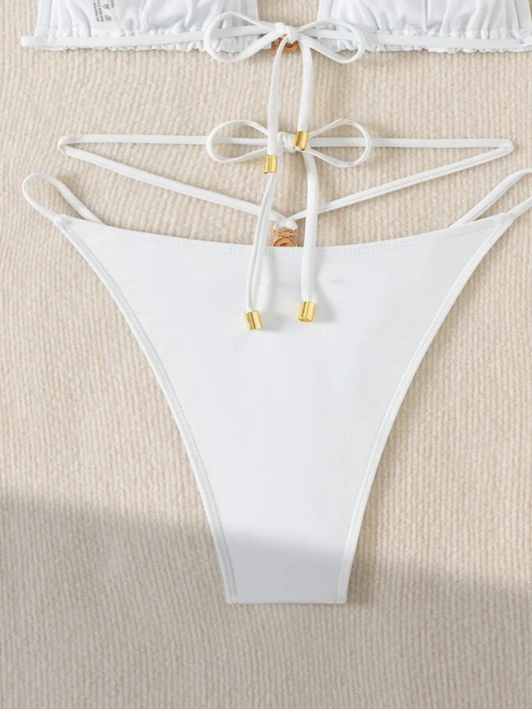 Сексуальные однотонные бикини со шнуровкой, комплект из 2 предметов, женский разделенный купальник с высокой талией, пляжный стиль, бикини, новинка 2025, летний купальник, комплект бикини