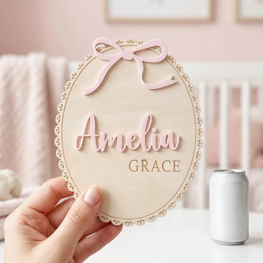 1Pc Custom Bow Lace Edge Baby Wooden Name Plaque,Home Kids Room Nursery Bedroom Wall Nursery Decor,DIY Paintable,Birthday Gift view 2