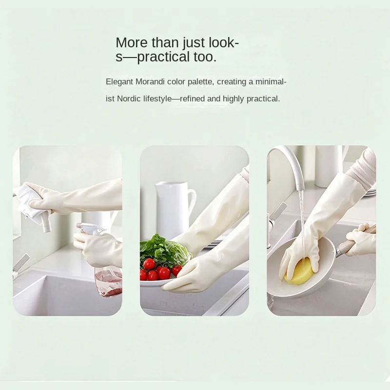 4522 Women Integrated Flock Rubber Dishwashing Gloves Thick Waterproof Durable Kitchen Cleaning Laundry Gloves