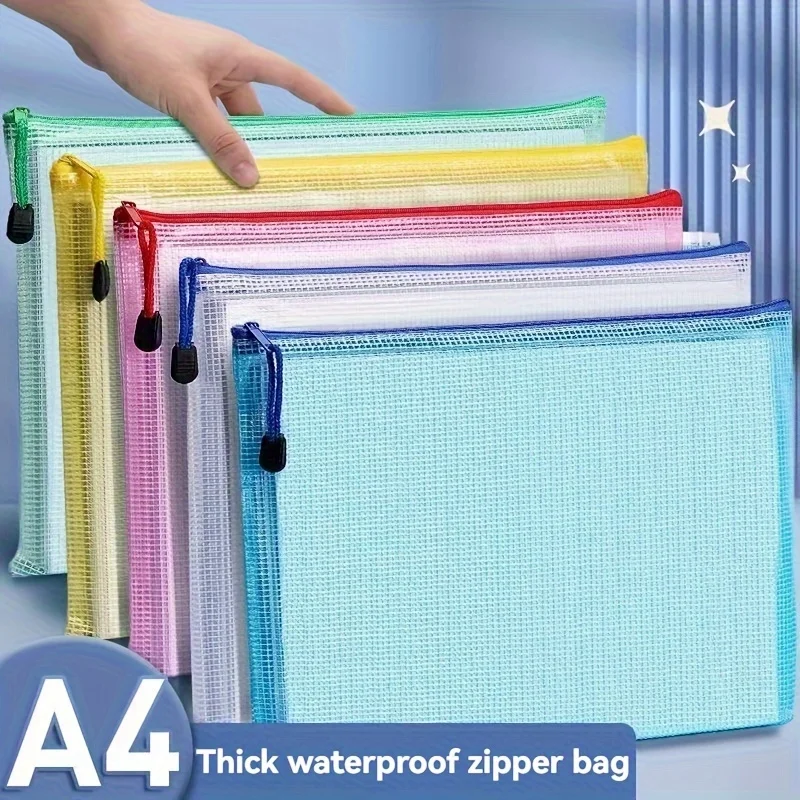 5pcs/lot Gridding Waterproof Zipper Bag Clear PVC A4 Binder Pockets Document Pen Filing Products Folders for Office & School