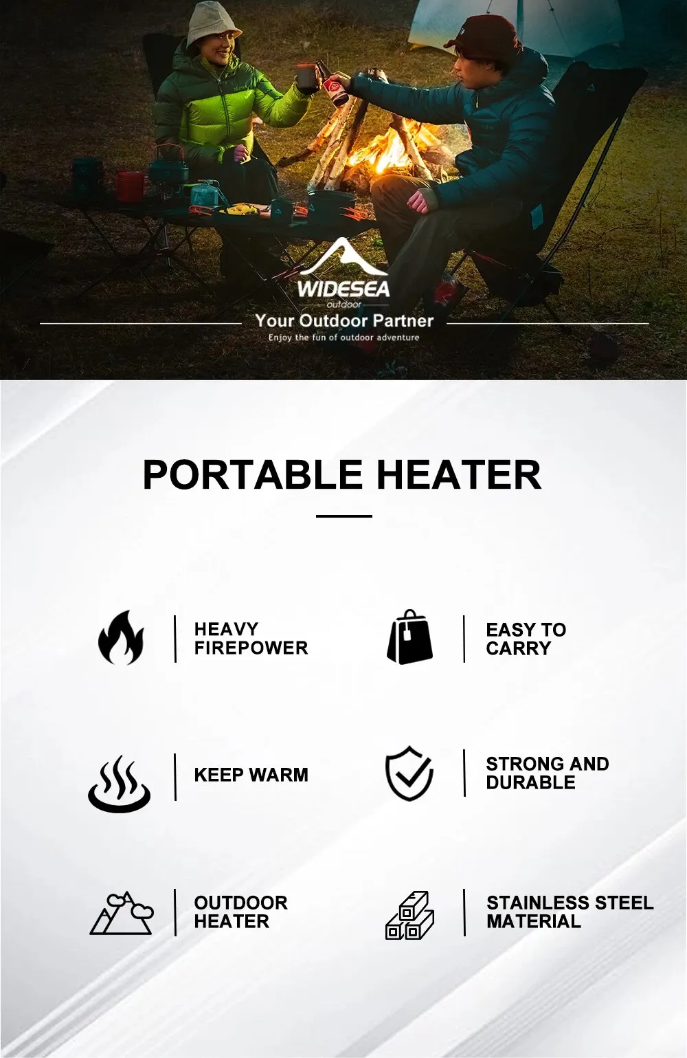 Widesea Camping-Heizung, tragbarer Kamin aus Edelstahl für den Winter, Outdoor, Herd, Wandern, Gasbrenner, Heizung, Überlebensausrüstung – Detail 1