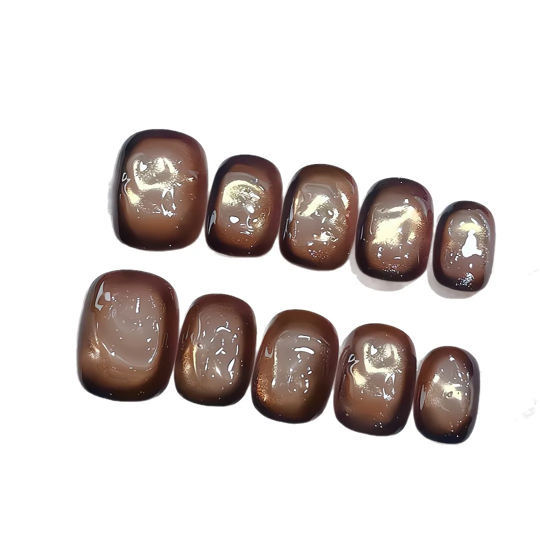 10 pz Marrone Cat Eye Unghie Fatte A Mano Iced American Press on Nail Breve Ovale Unghie Finte per Le Donne e La Ragazza Rimovibile Indossabile Nail Art