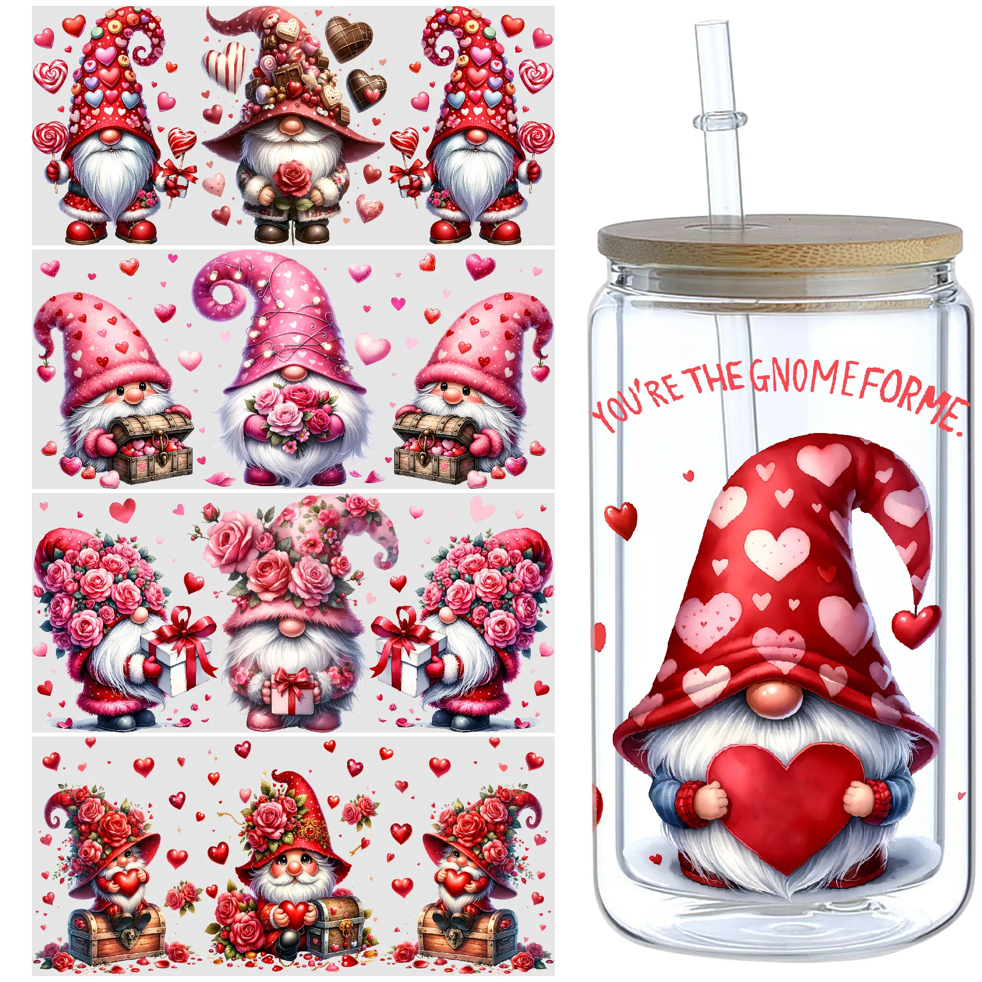 5 Blatt Gnome UV DTF-Becheraufkleber, DTF-Transferaufkleber für Glasbecher, wasserfestes, abwischbares Transferpapier für 16-Unzen-Glasbecher