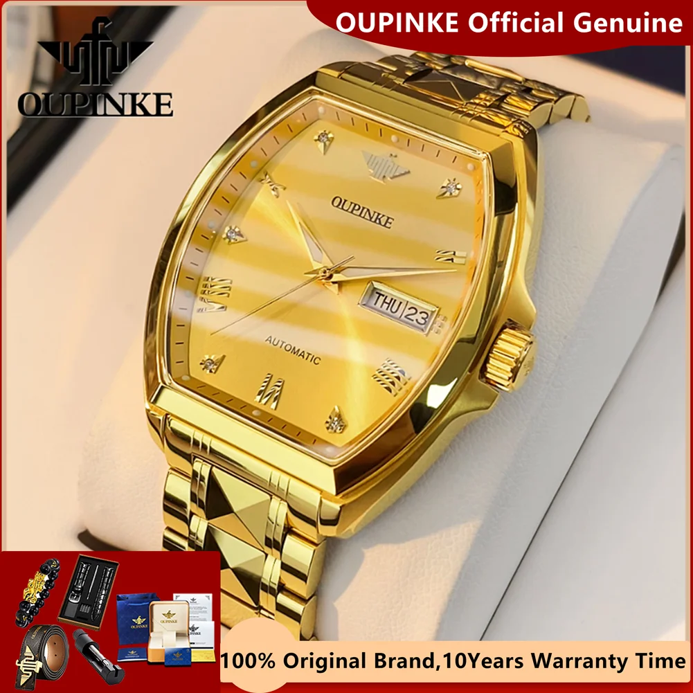 OUPINKE Man Watch Import Movement Automatic Mechanical Watch Men Tonneau Design Tungsten Steel Watchband Waterproof Wristwatches