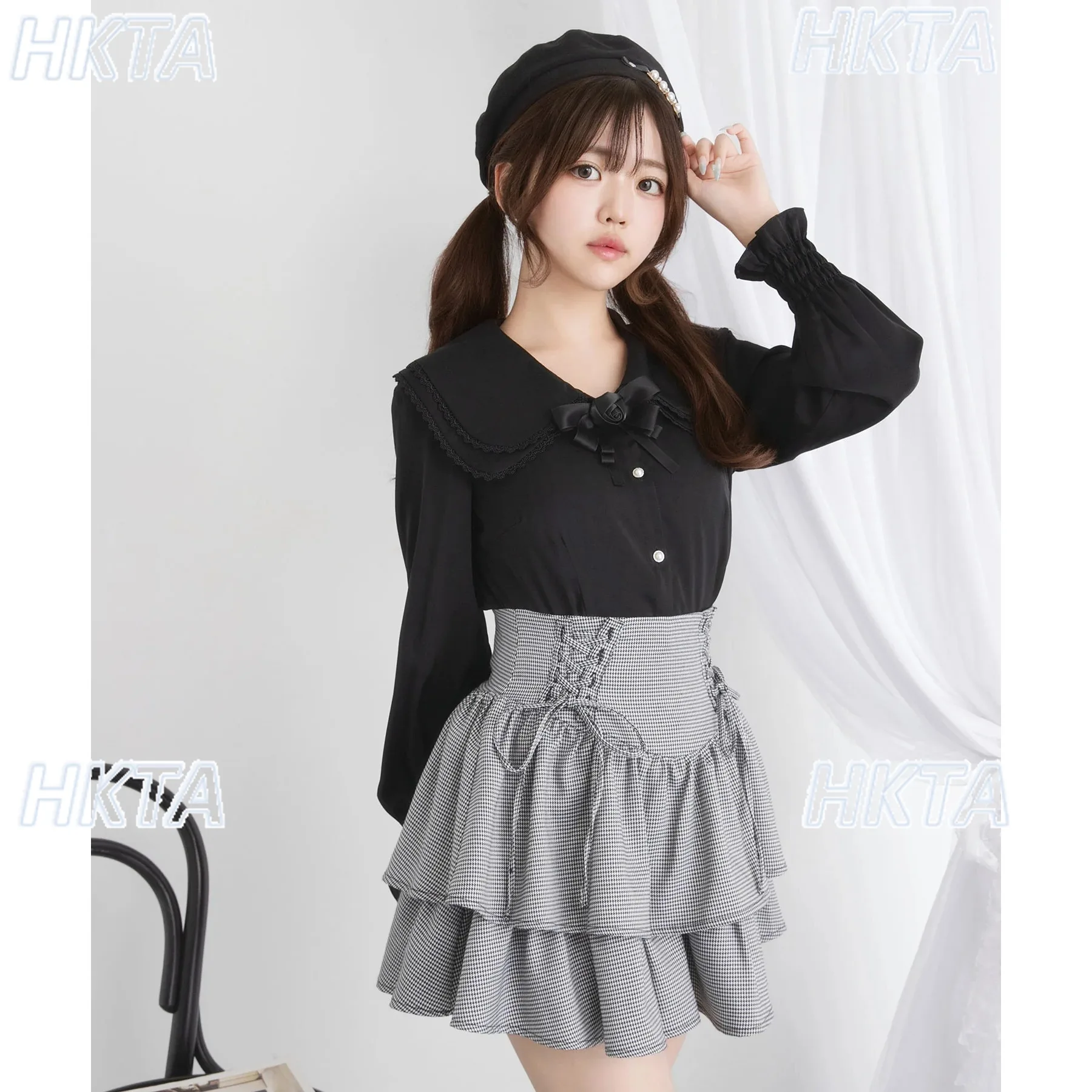 الحلو الخريف جديد تنوعا قميص أبيض المرأة لطيف مزدوجة طوق ثلاثي الأبعاد زهرة القوس كم طويل الشيفون البلوزات الأعلى