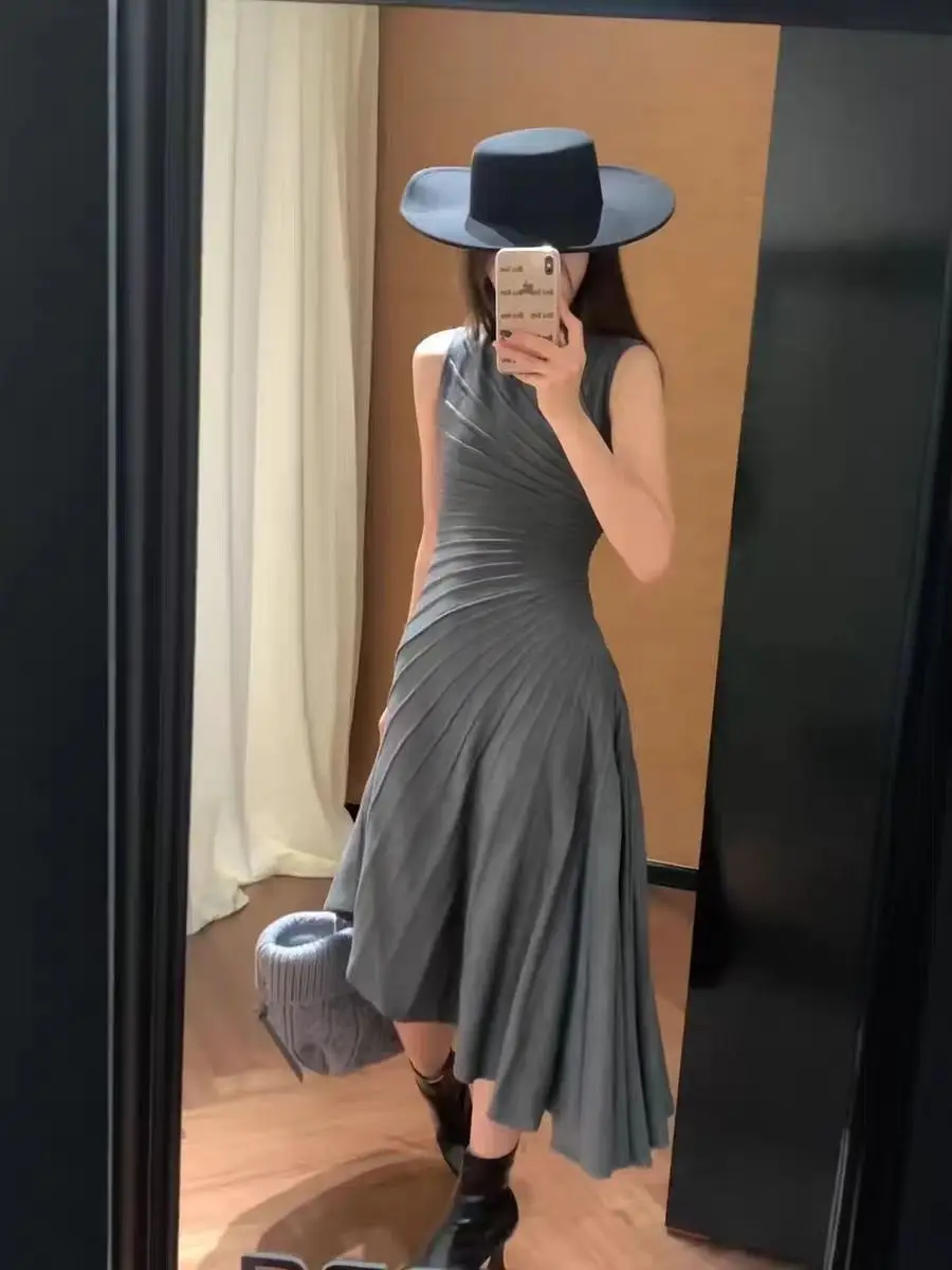 KENI plus Size round Neck Sleeveless High Waist A-Line Dress Asymmetrical Hem Commute Style Winter Long Dress Women's Dress
