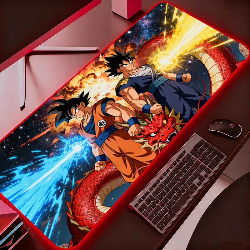 แผ่นรองเมาส์ขนาดใหญ่ LED สำหรับสำนักงาน คอมพิวเตอร์ โต๊ะทำงาน RGB พรมรองคีย์บอร์ดลายดราก้อนบอล DBZ อุปกรณ์เสริมสำหรับเล่นเกม แผ่นรองเมาส์มีไฟแบ็คไลท์