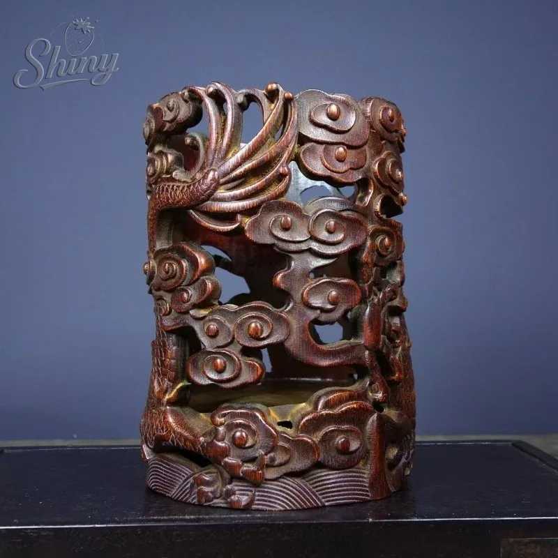 Vintage Wood Carving Openwork Dragon Phoenix Pen Holder Desktop Organiser Office Desk Accessory for Office Desk School