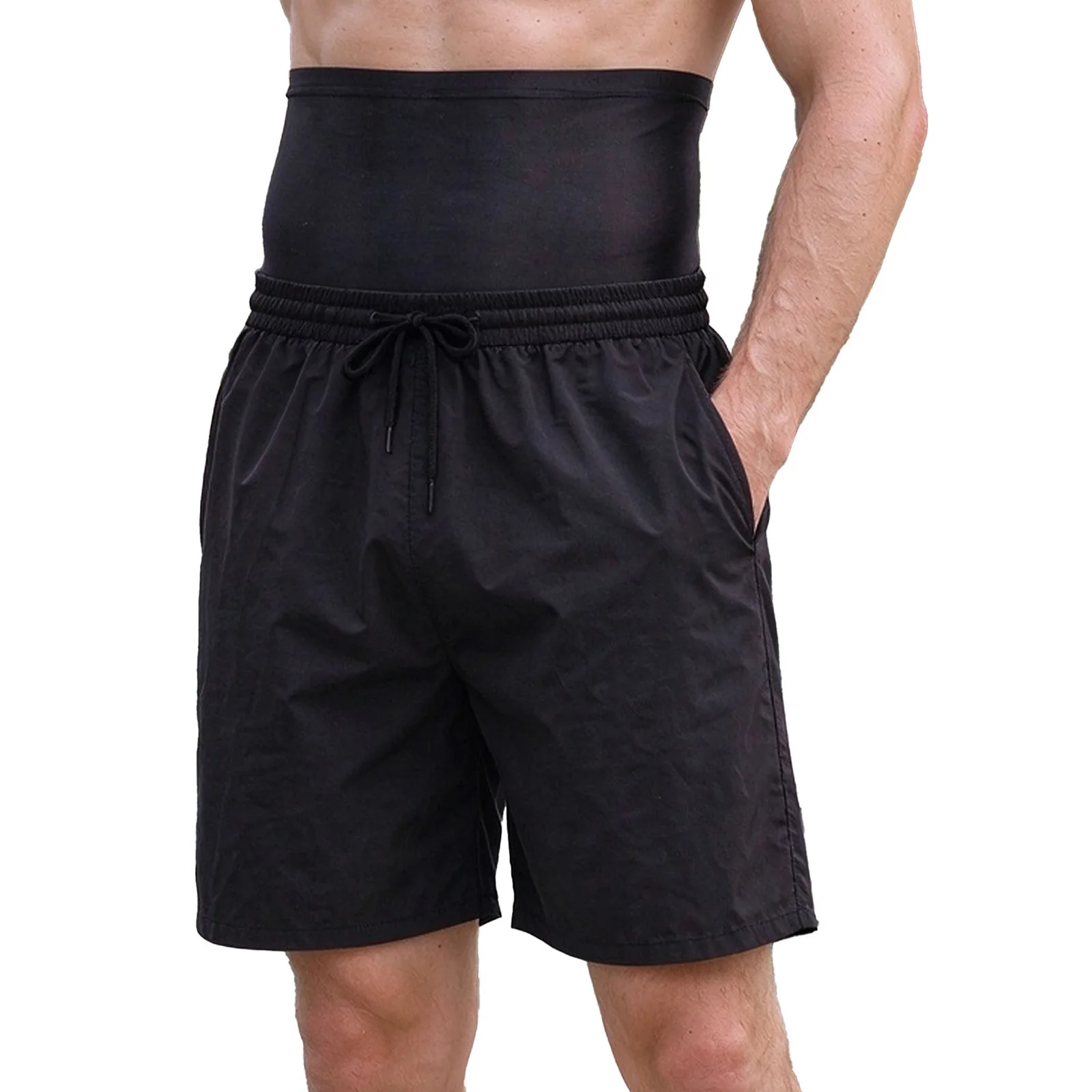 Men Drawstring High Waist Tummy Control Quick Dry Swim Trunk Body Shape Shorts Shapewear Sports Workout Beach Surfing Clothing