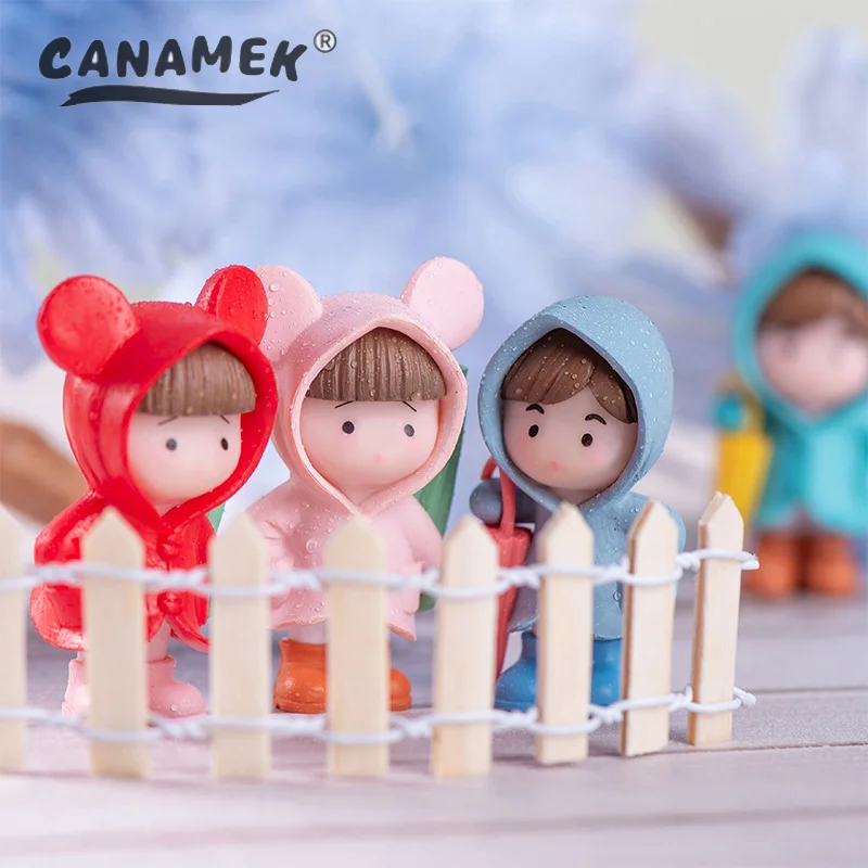 1＆4PC Umbrella Raincoat Girl Boy Figure Decor Pvc Craft Figurine Decor Miniature Fairy Garden Ornament Pendant DIY Accessory