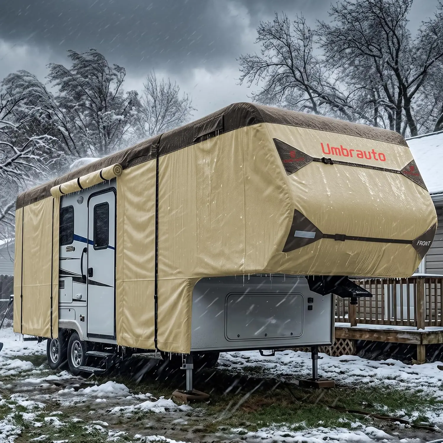 Fifth Wheel RV Cover, Fits 34' to 37', Upgraded 9-Layer Top Waterproof Windproof Camper Cover for Toy Hauler Travel Trailer, Winter Snow Protection, Includes Tongue Jack Cover and Gutter Cover