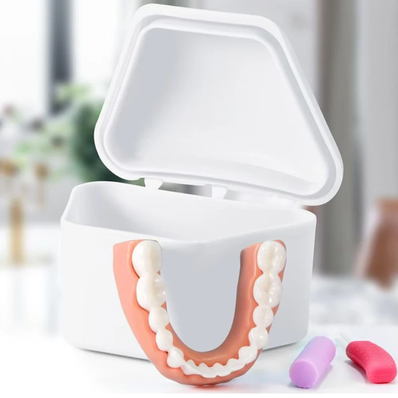GULPOOE Denture Bath Retainer Box Orthodontic Mouth Ladder Shape  Guard Dental Storage Container Denture Storage Box Portable