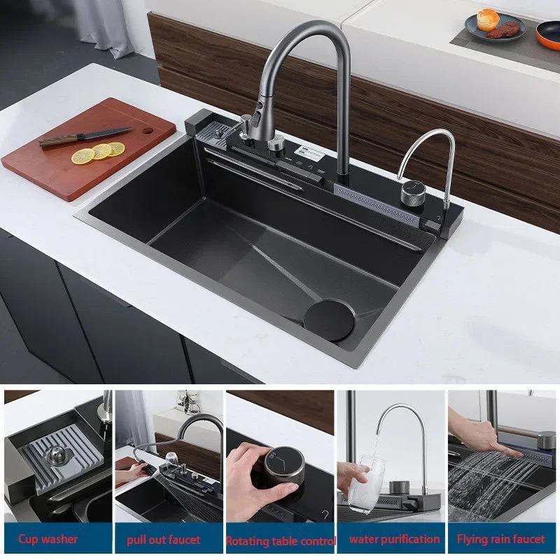Digital Piano Keys Stainless Steel Sink Large Single Sink  Multifunctional Pull Out Kitchen Sink Faucet