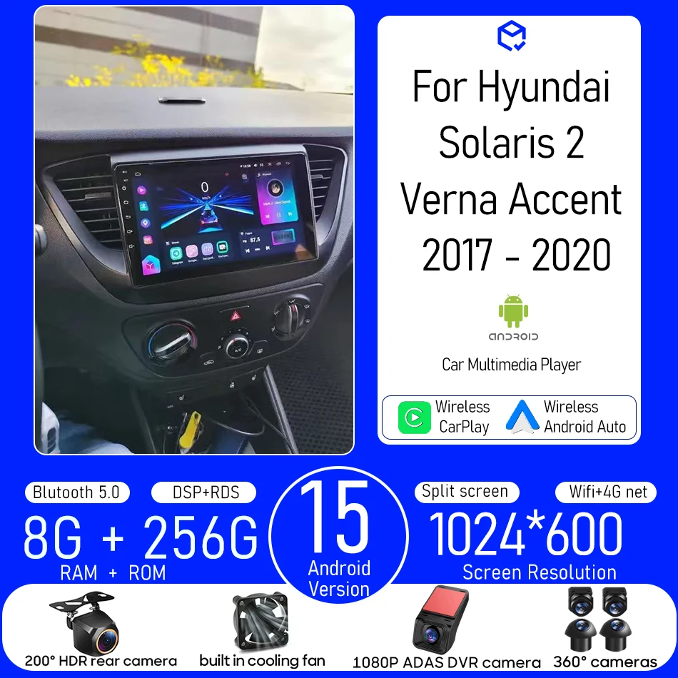 

10' Carplay Auto Multimedia Video Radio GPS Stereo Head Unit for Hyundai Solaris 2 Verna Accent 2017 - 2018 Bottom Mounted Wifi