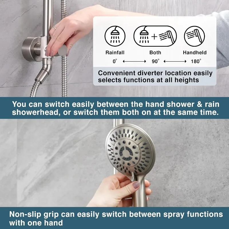 Rain Shower Heads System Including Rainfall Shower Head and Handheld Shower Head with Height, Solid Brass Rail 60 Inch